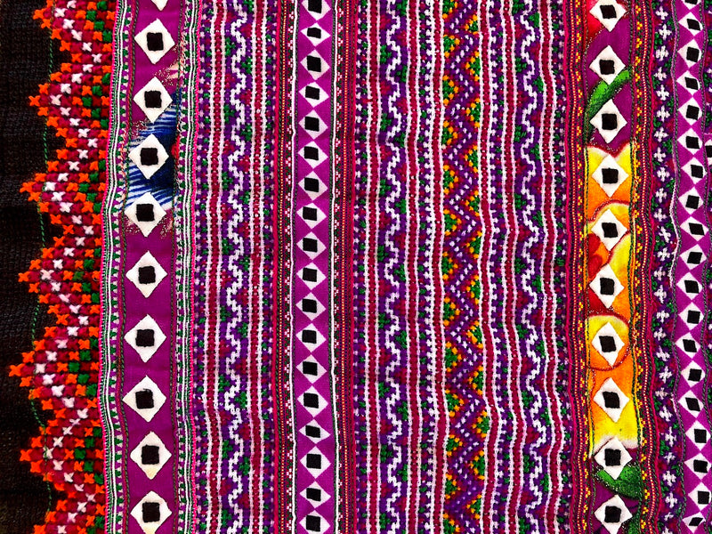 Embroidered, Applique Hmong skirt fabric - 224cm x 53cm - Pallu Design