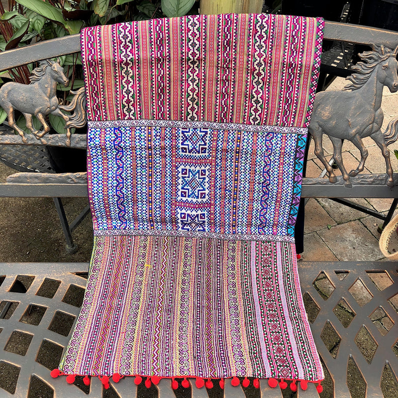Embroidered Table Runner - Hmong Fabrics and Braid - Pallu Design
