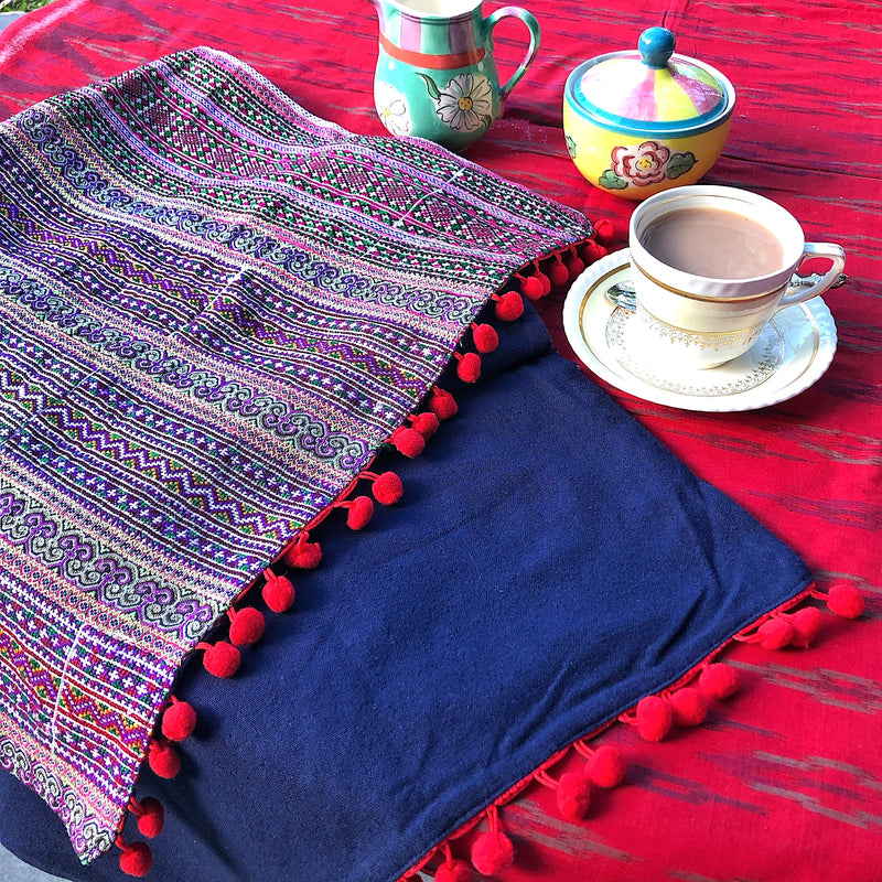 Embroidered Table Runner - Hmong Fabrics and Braid - Pallu Design