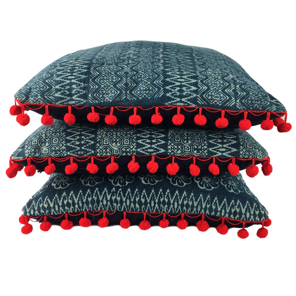 Batik Indigo Pillow with Pom Poms - Diamond - Pallu Design