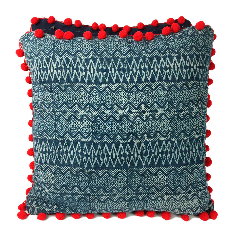 Batik Indigo Pillow with Pom Poms - Diamond - Pallu Design