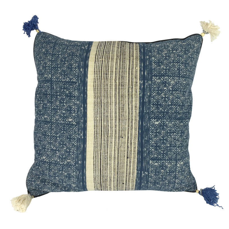 Hmong Indigo Batik & Hemp Cushion - Square with Tassels - Pallu Design