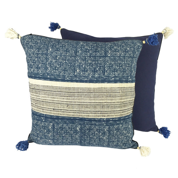 Hmong Indigo Batik & Hemp Cushion - Square with Tassels - Pallu Design