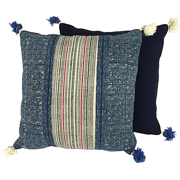 Hill Tribe Indigo Batik & Hemp Cushion - Square with Tassels - Pallu Design