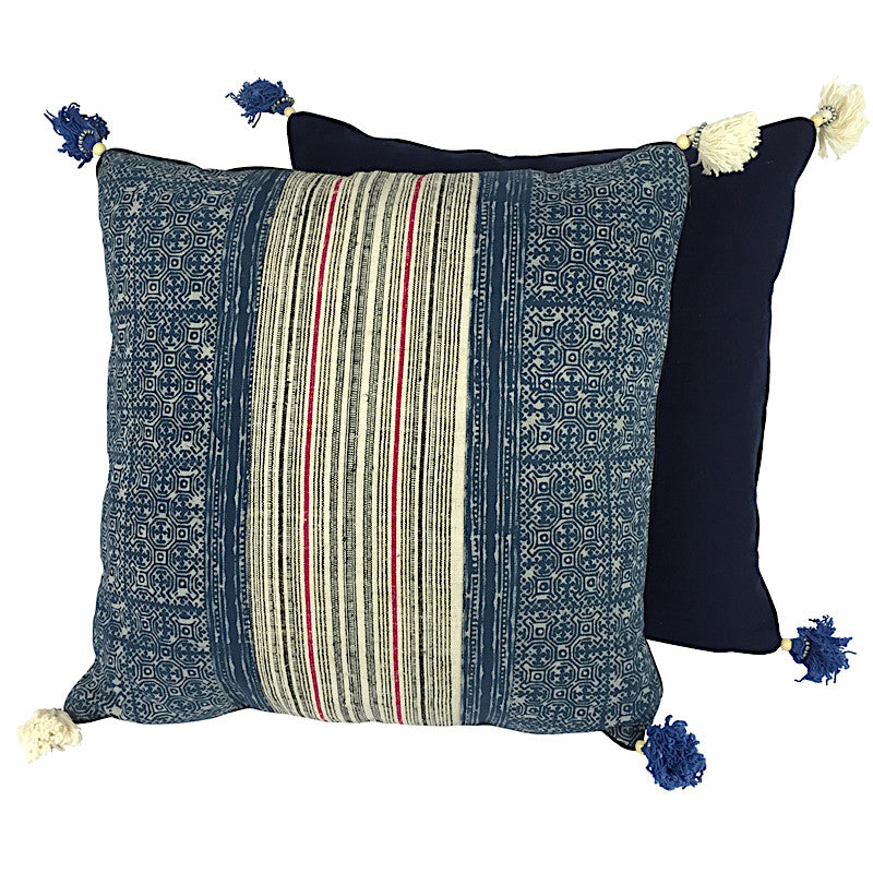 Hill Tribe Indigo Batik & Hemp Cushion - Square with Tassels - Pallu Design