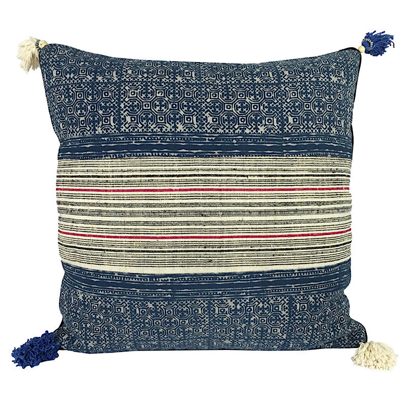 Hill Tribe Indigo Batik & Hemp Cushion - Square with Tassels - Pallu Design