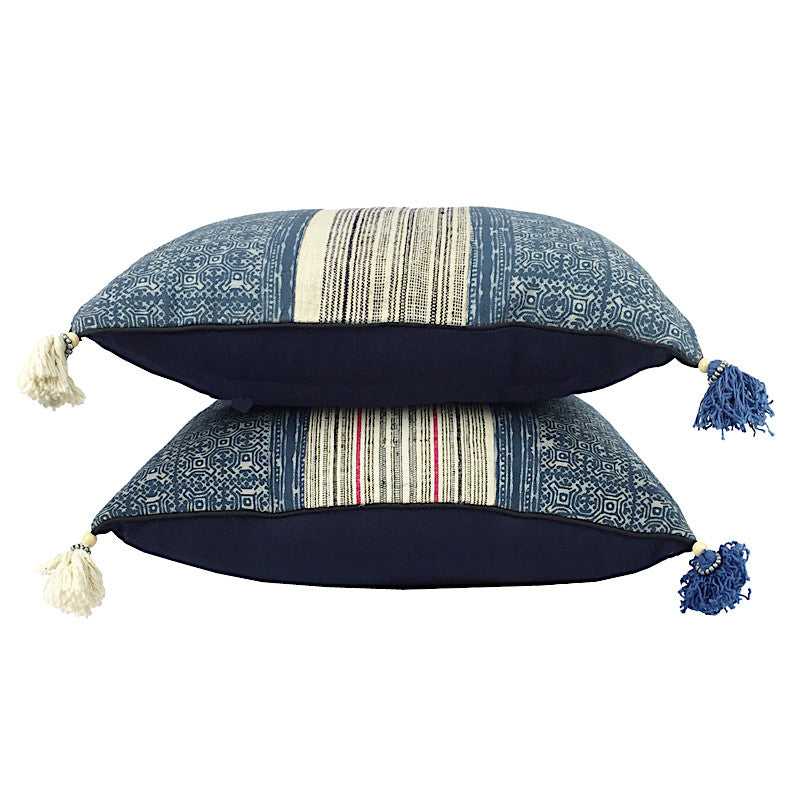 Hill Tribe Indigo Batik & Hemp Cushion - Square with Tassels - Pallu Design