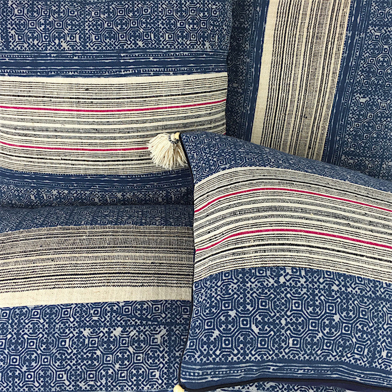 Hill Tribe Indigo Batik & Hemp Cushion - Square with Tassels - Pallu Design