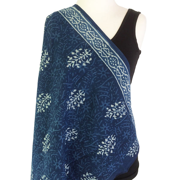 Indigo Cotton Voile Scarf- Block Print in Traditional Design - Pallu Design