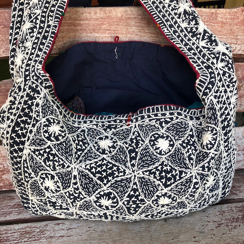 Indigo and White Embroidered Tote Bag