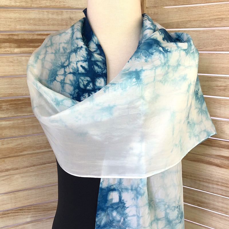 Long Silk Indigo Shibori Scarf - Cloud Design
