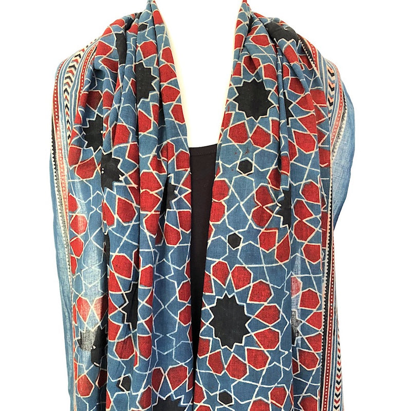 Block Print Scarf in Ajrakh Design - Pallu Design