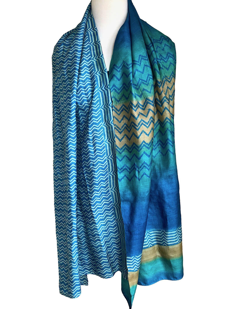 Long silk sari scarf gold and aqua - Pallu Design