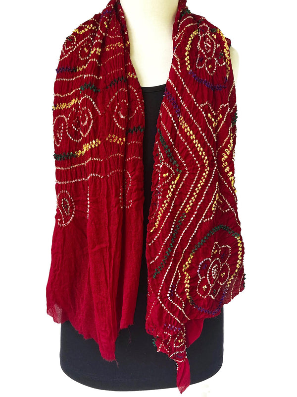 Red Silk Crepe Bandhani Scarf - Pallu Design