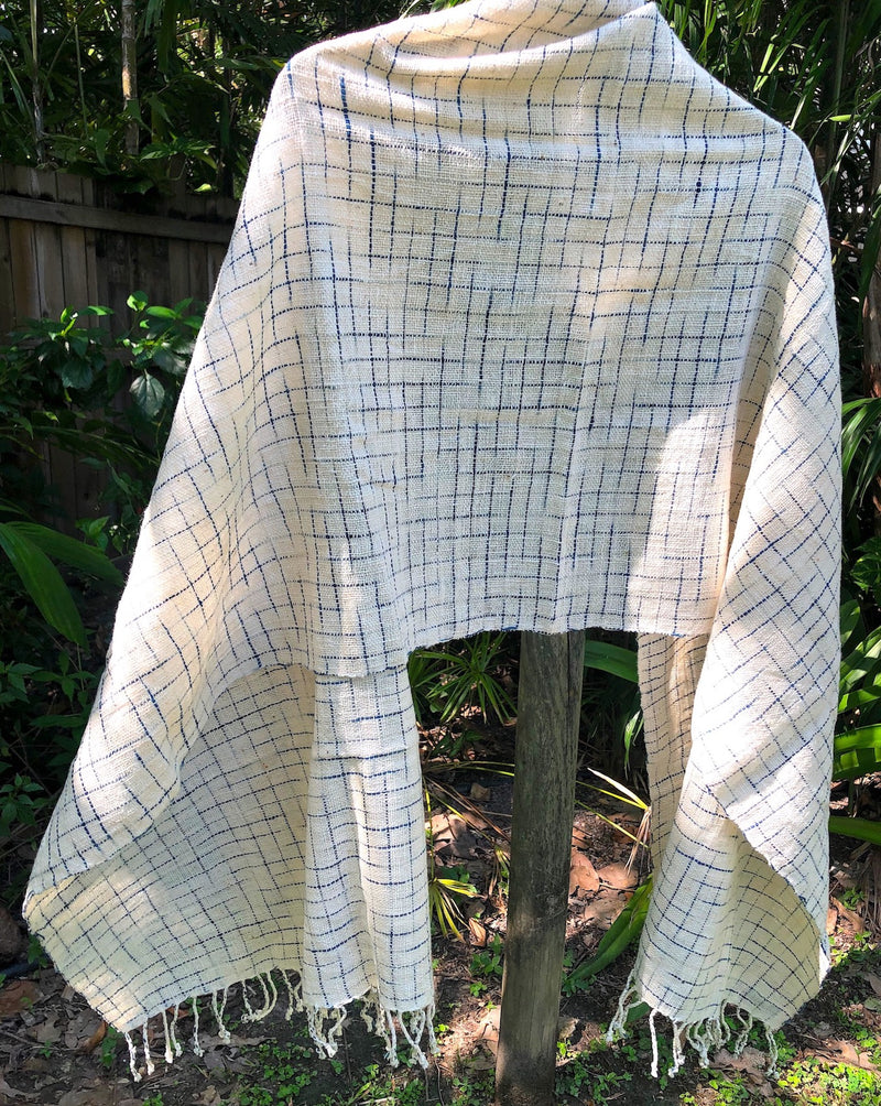Hand woven cotton and indigo shawl with fringe