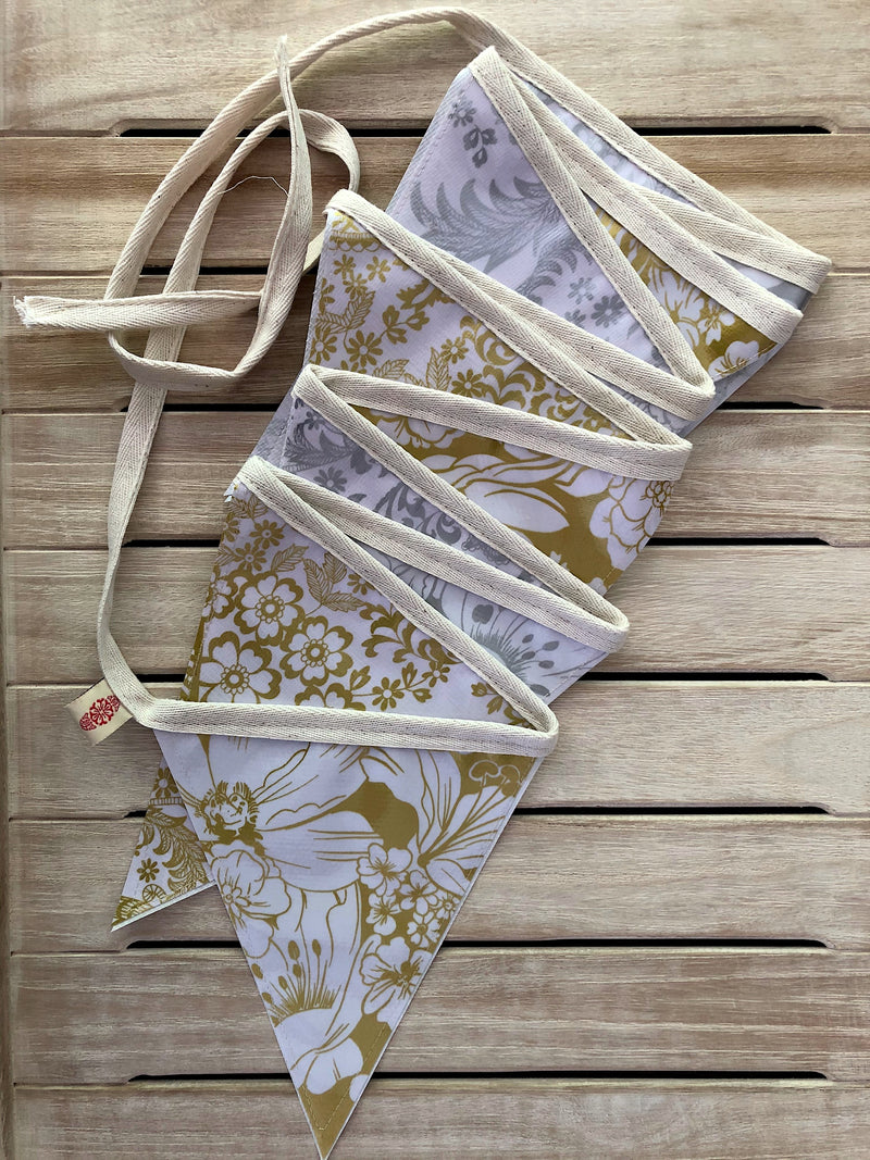 Gold and Silver Wedding Bunting - 12 Flags - Outdoor Garland - Pallu Design