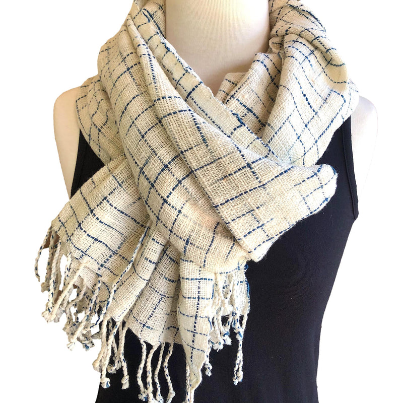 Hand woven cotton shawl with indigo stripe - Pallu Design