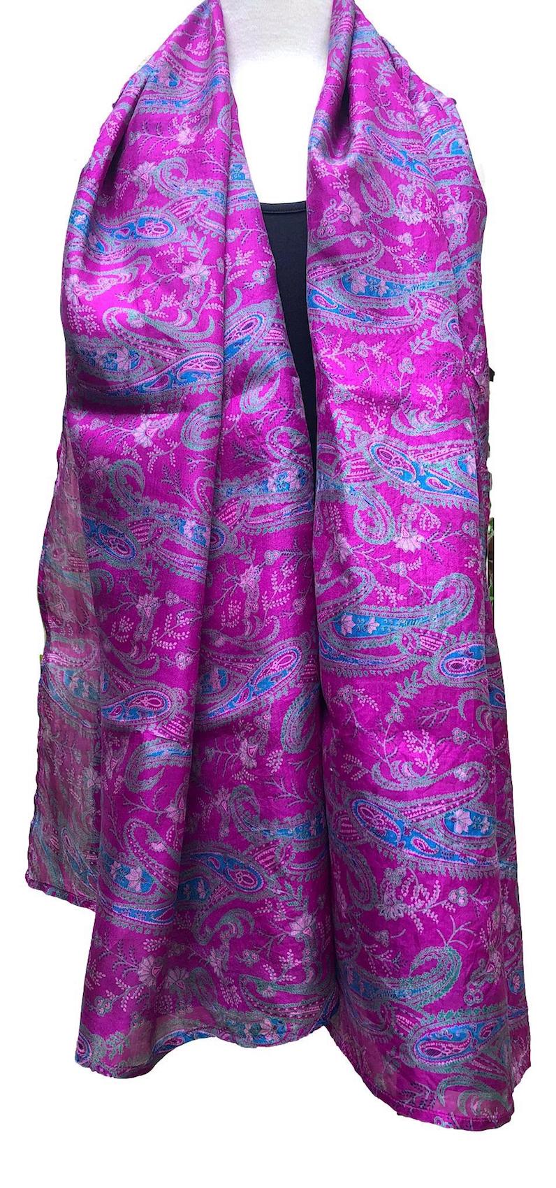 Long magenta silk sari scarf - Pallu Design