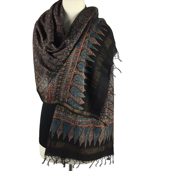 Silk and Cotton Ajrakh Scarf - Red and Blue Geometrics - Pallu Design