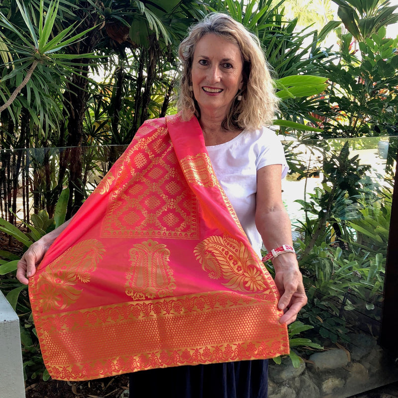 Silk Brocade Shawl - orange, gold and pink