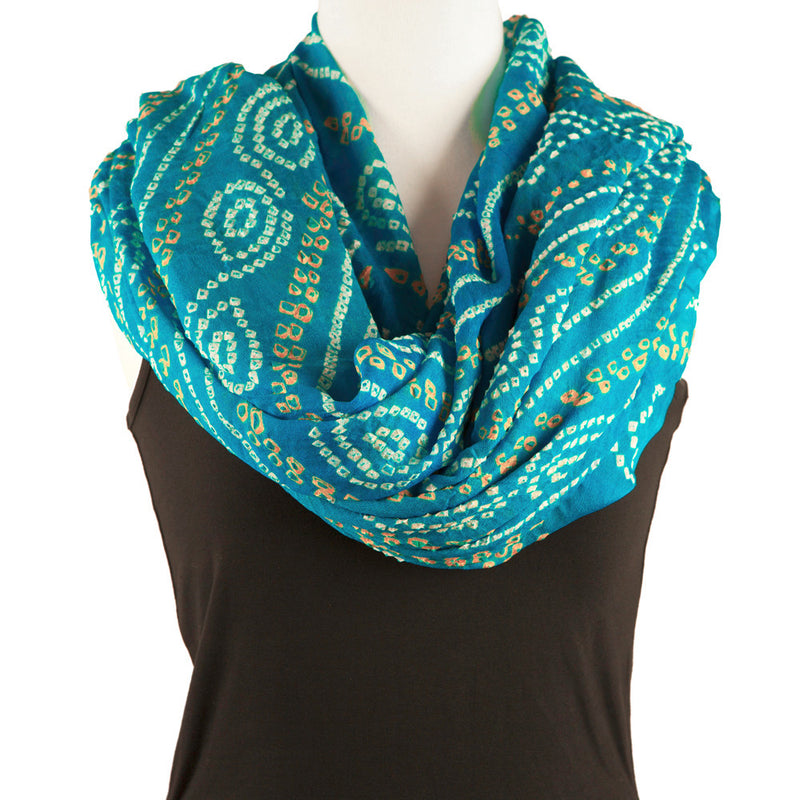 Silk Bandhani Scarf - Aqua, White and Gold - Pallu Design