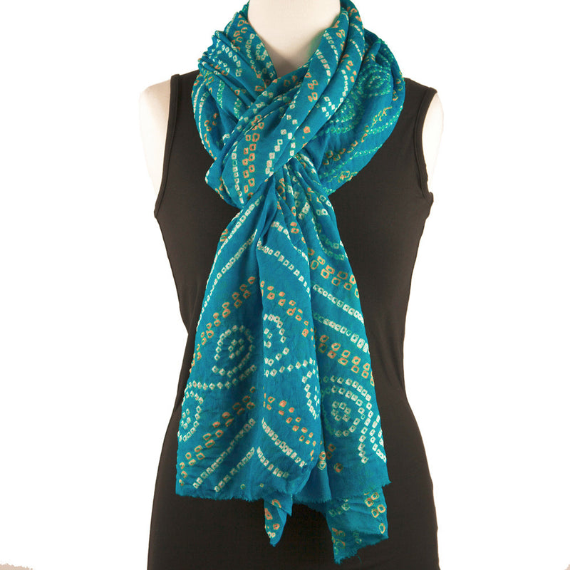 Silk Bandhani Scarf - Aqua, White and Gold - Pallu Design