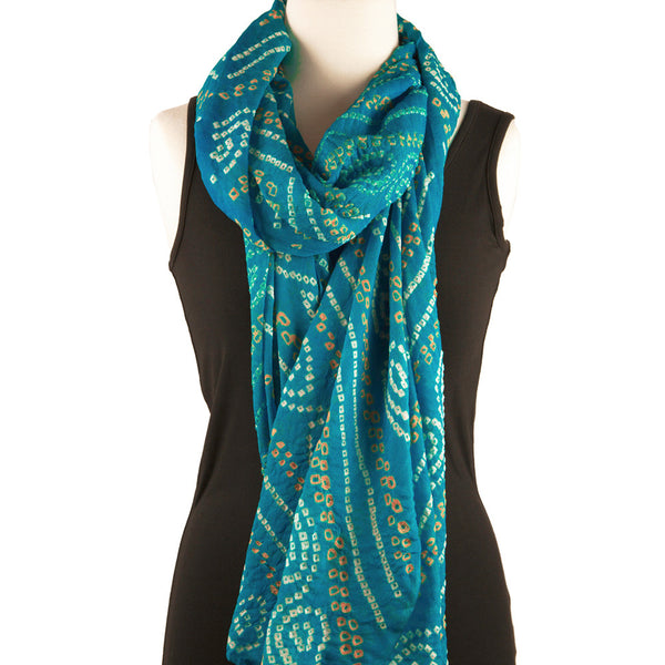 Silk Bandhani Scarf - Aqua, White and Gold - Pallu Design