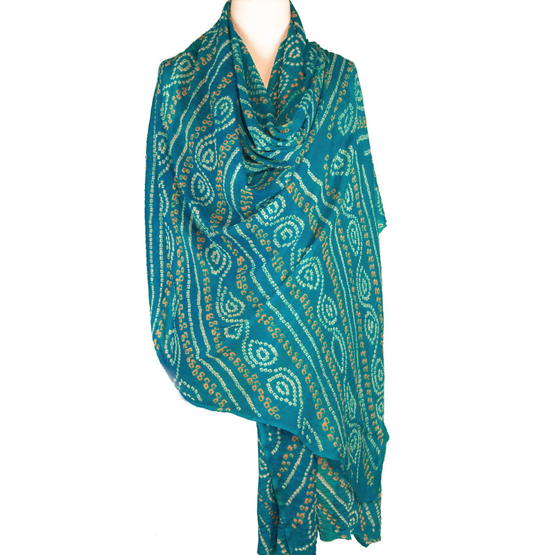 Indian Bandhani Silk Scarf - Aqua, White and Gold – Pallu Design