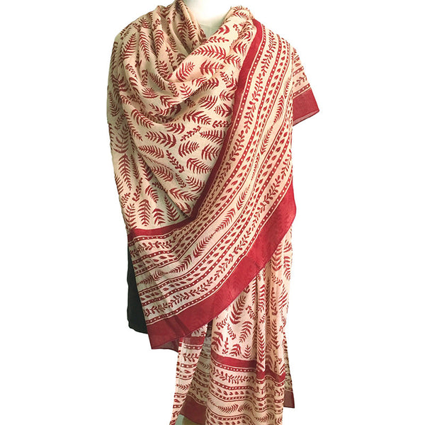 Cotton scarf block printed in original tropical fern design - Pallu Design