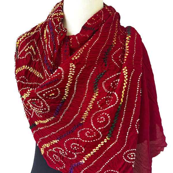 Red Silk Crepe Bandhani Scarf - Pallu Design