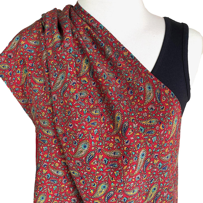 Soft red crepe silk scarf with paisley design - Pallu Design