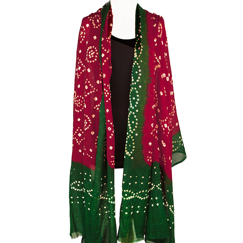 Cotton Bandhani Scarf or Sarong, Red and Green - Pallu Design