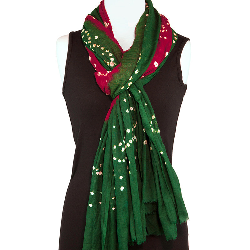 Cotton Bandhani Scarf or Sarong, Red and Green - Pallu Design