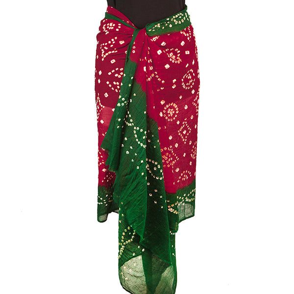 Cotton Bandhani Scarf or Sarong, Red and Green - Pallu Design