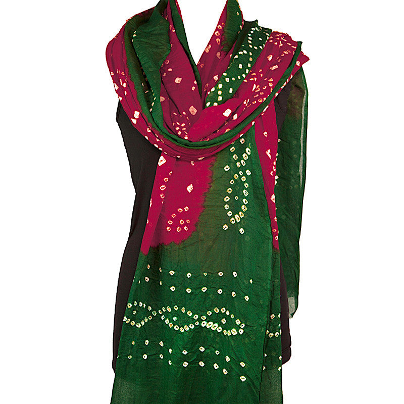 Cotton Bandhani Scarf or Sarong, Red and Green - Pallu Design