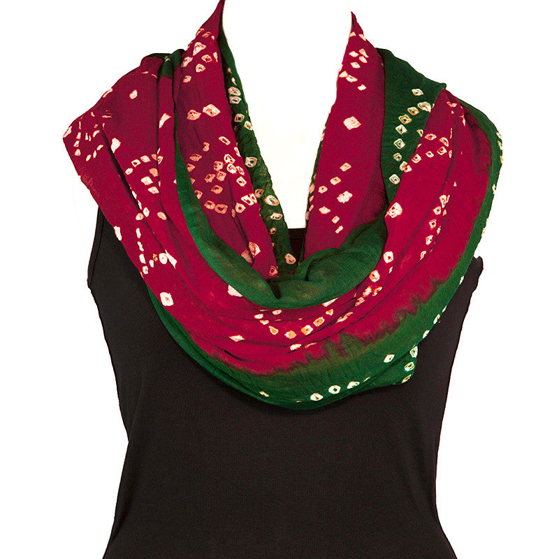 Cotton Bandhani Scarf or Sarong, Red and Green - Pallu Design