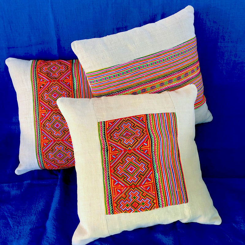 Hmong Embroidered Braid Panel and Natural Hemp - Pallu Design
