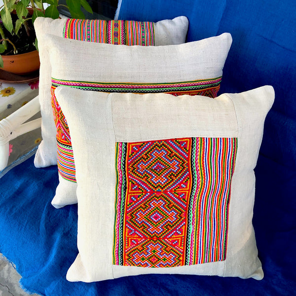 Hmong Embroidered Braid Panel and Natural Hemp - Pallu Design