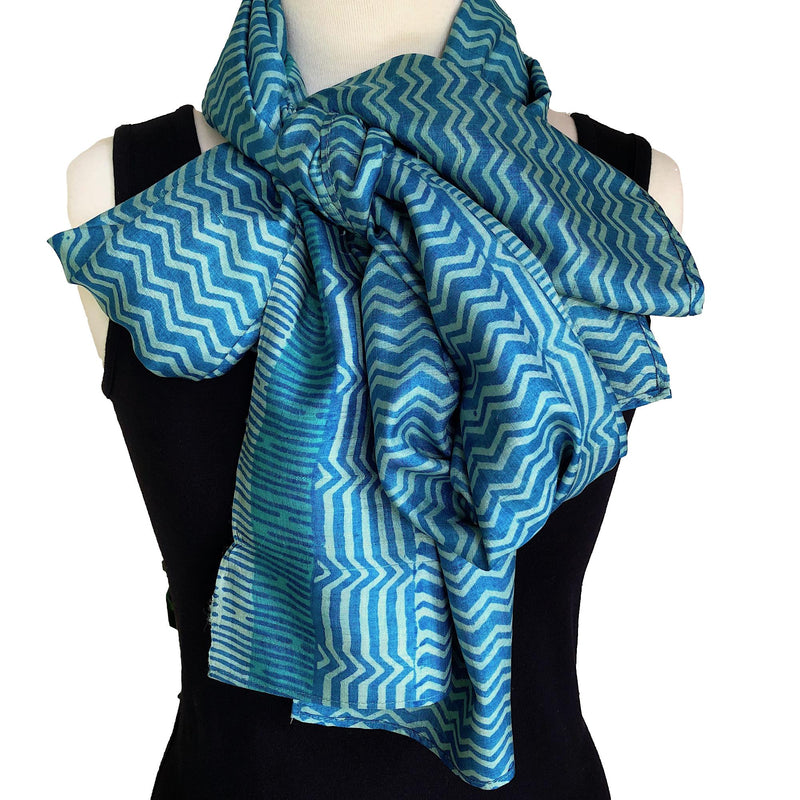Silk sari scarf in Aqua chevron - Pallu Design