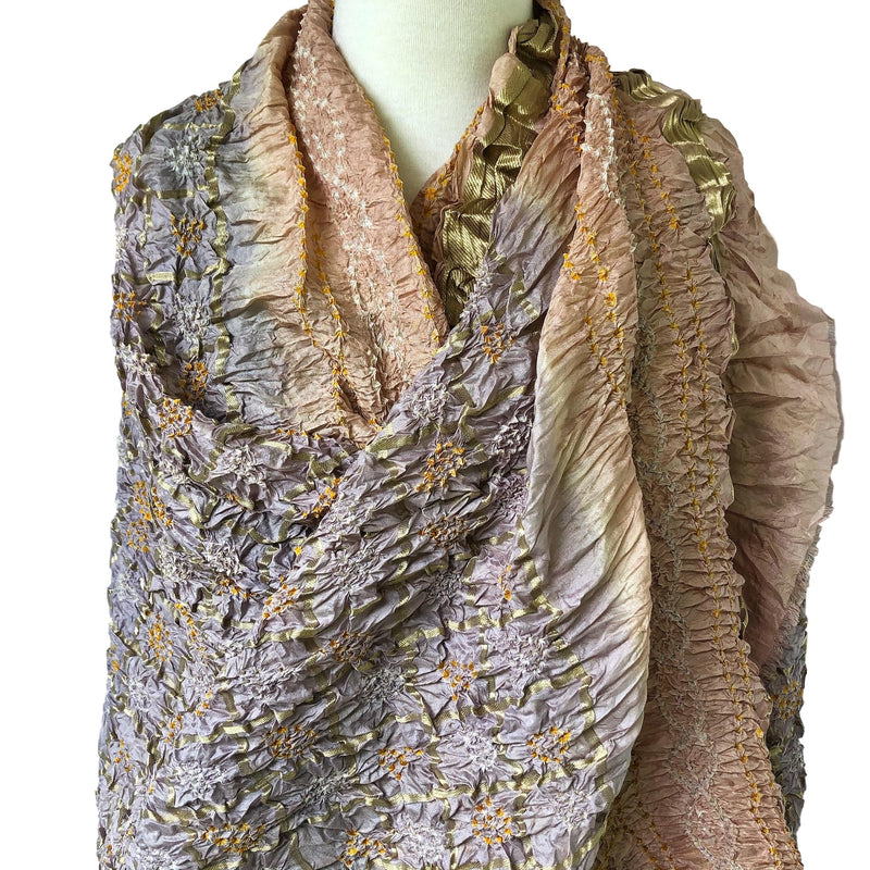 Oversize Silk Bandhani Scarf - Silver and Gold with Border - Pallu Design