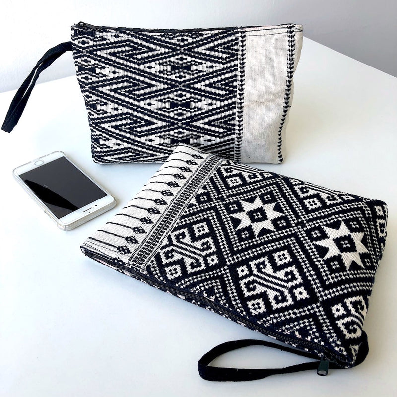 Black and White Clutch Bag - Handwoven Zip pouch in star design - Pallu Design