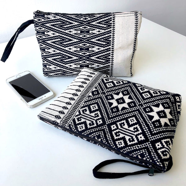 Black and White Clutch Bag - Handwoven Zip pouch in Chevron design - Pallu Design