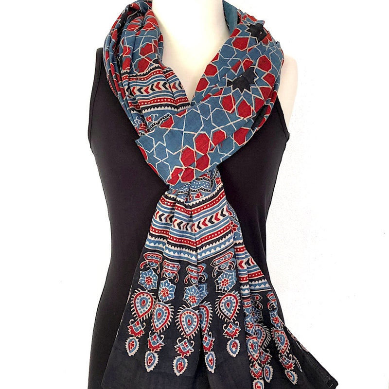 Block Print Scarf in Ajrakh Design - Pallu Design