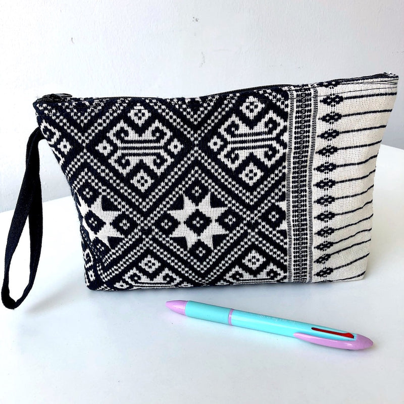Black and White Clutch Bag - Handwoven Zip pouch in star design - Pallu Design