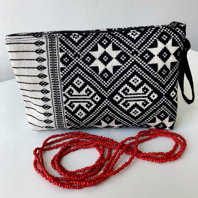 Black and White Clutch Bag - Handwoven Zip pouch in star design - Pallu Design