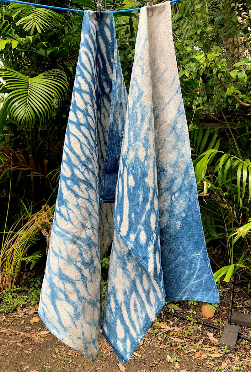 Indigo Shibori Linen Tea Towels - Set of 2: Ocean White or Oatmeal