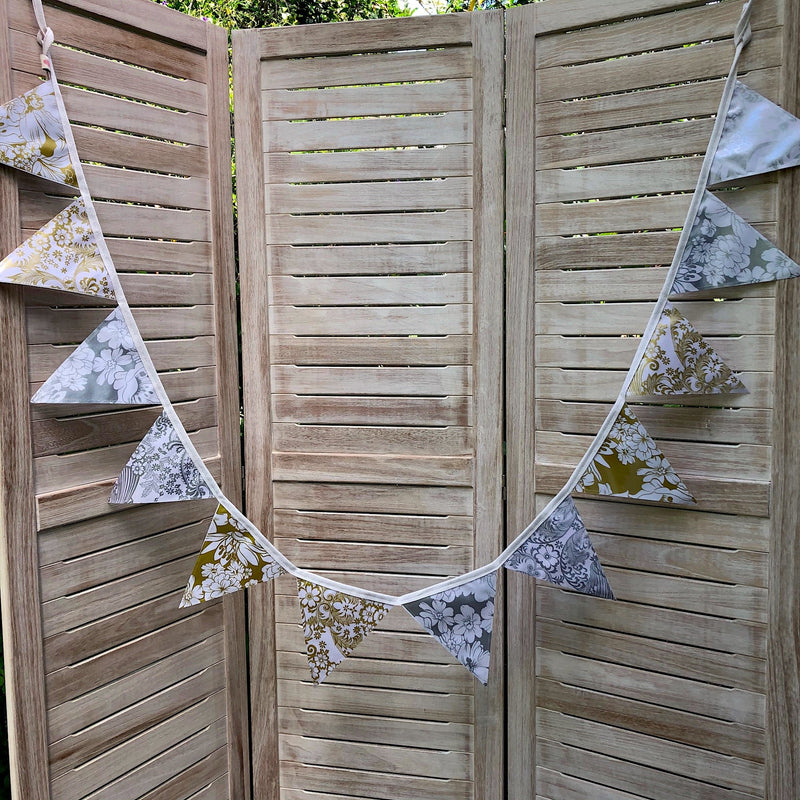 Gold and Silver Wedding Bunting - 12 Flags - Outdoor Garland - Pallu Design