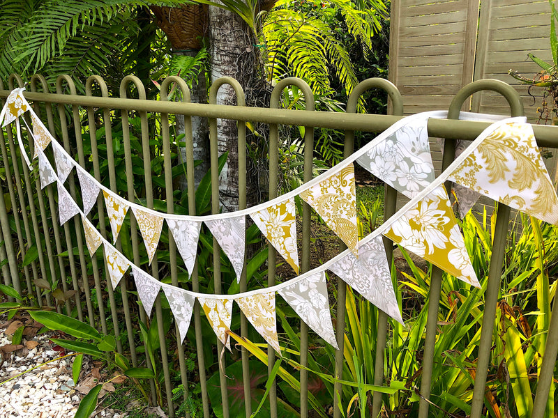 Gold and Silver Outdoor Wedding Bunting - 24 Flags - Pallu Design