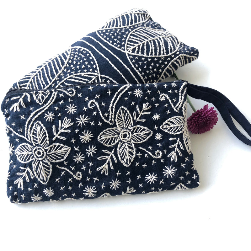 Small Indigo embroidered Clutch Bag - Hmong fabric wristlet - Pallu Design